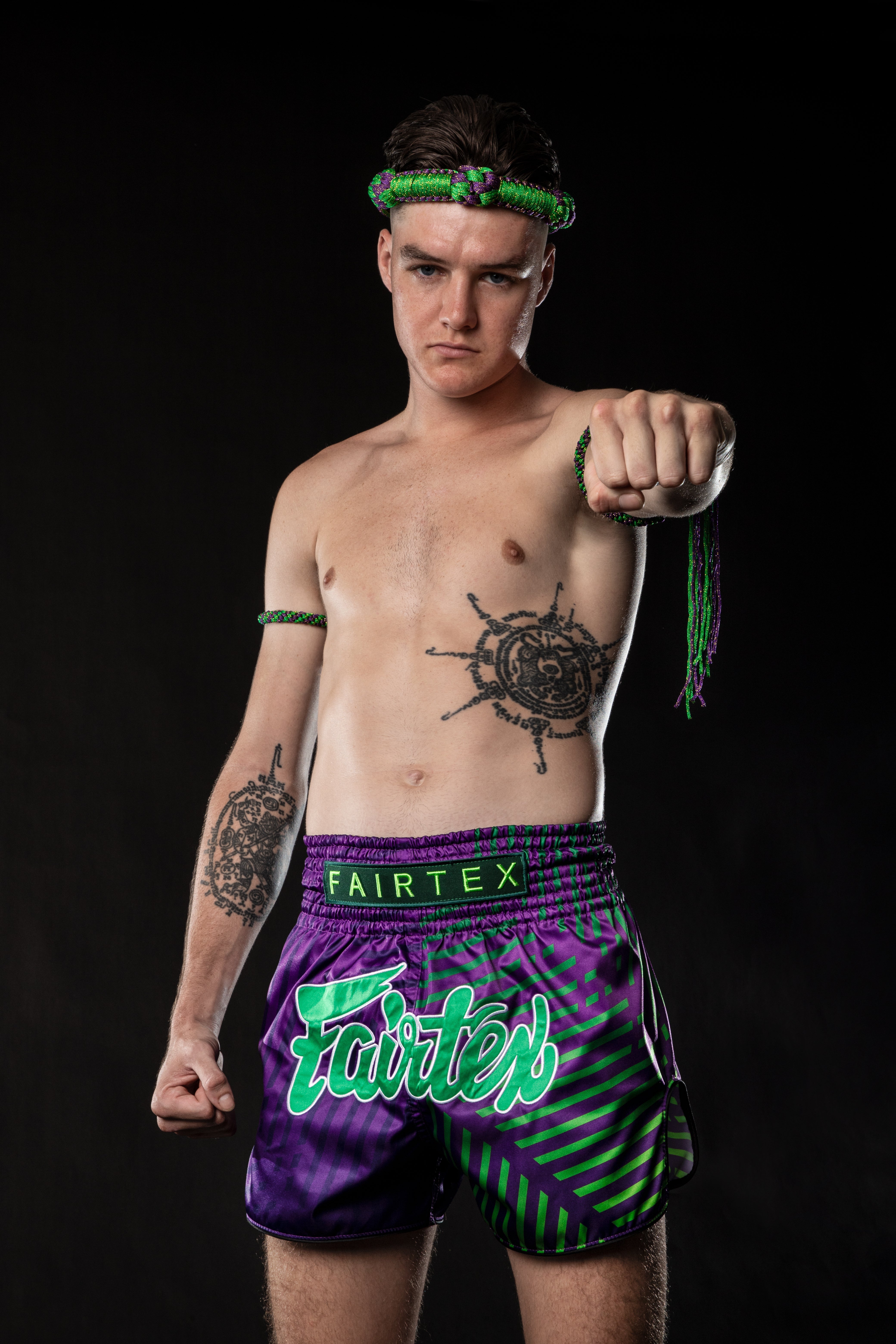 【未使用品】Fairtex ムエタイショーツ 紫/緑 Fairtex BS1922 Racer Purple Muay Thai Boxing Shorts
