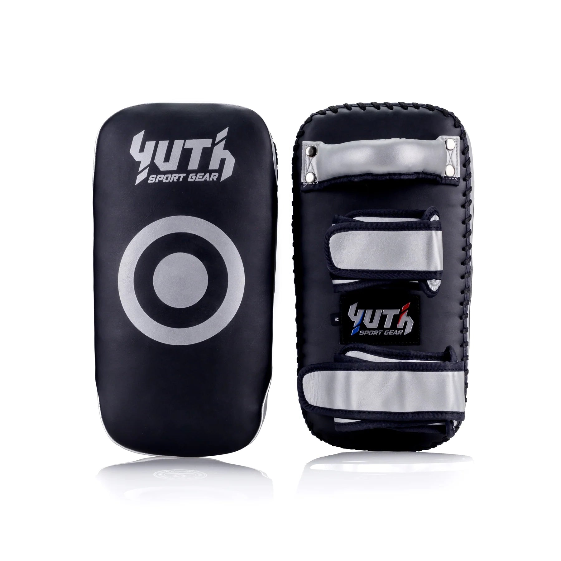Yuth Thai Kick Pads Black Silver Durable Semi Leather Kick Shields with Foam Padding Adjustable Straps Fairtex Approved
