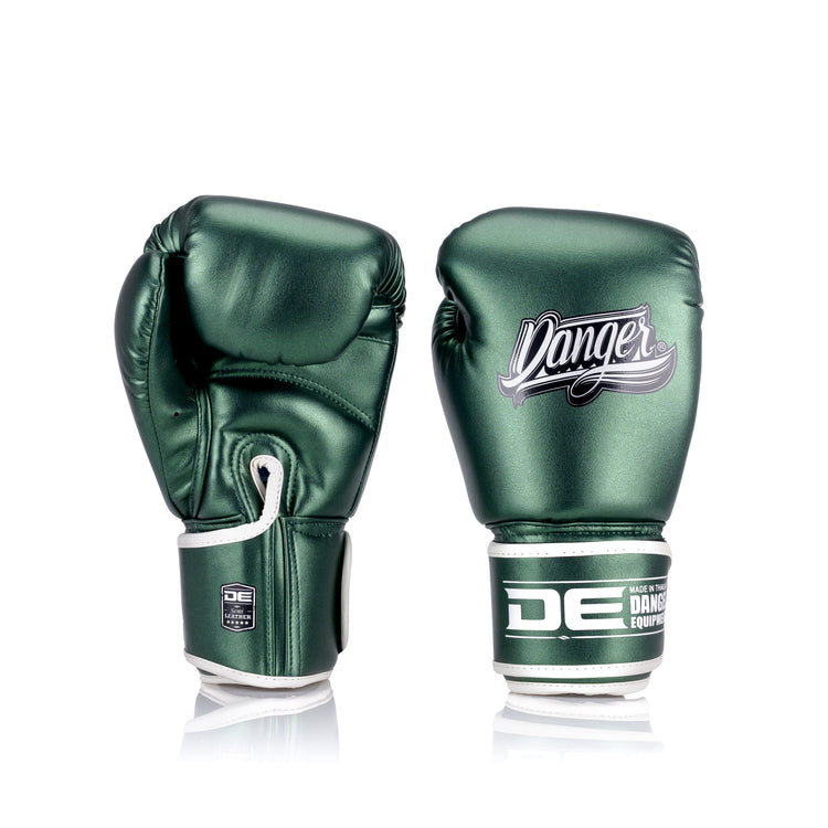 Green Danger Equipment Classic Thai Metallic Boxing Gloves back/Front
