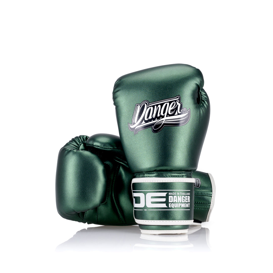 Green Danger Equipment Classic Thai Metallic Boxing Gloves Back/Front