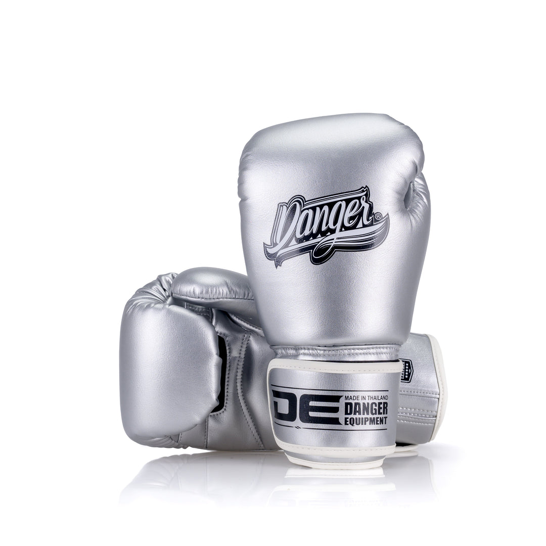 Silver Danger Equipment Classic Thai Metallic Boxing Gloves Back/Front