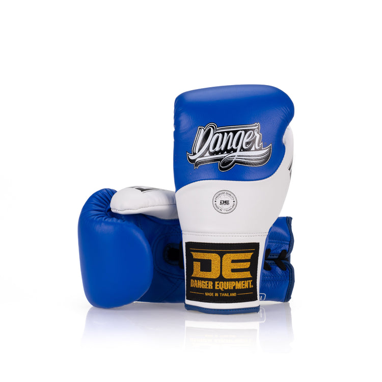 Blue/White Danger Equipment Competition Lace Up Boxing Gloves Back/Front
