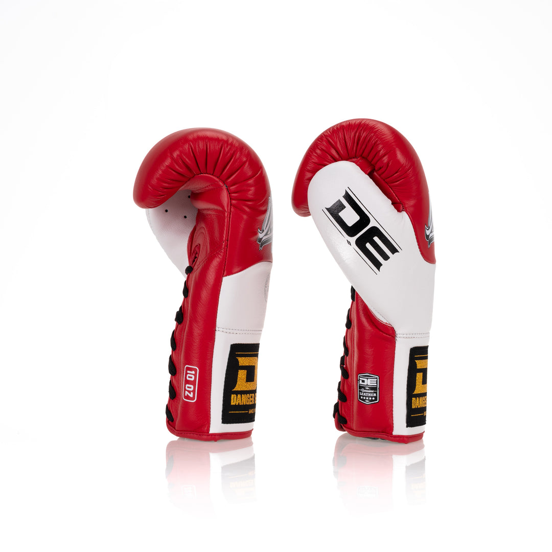 Red/White Danger Equipment Competition Lace Up Boxing Gloves Side