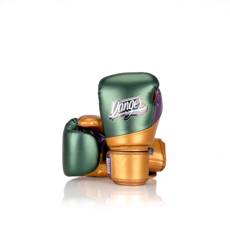Green/Gold/Purple Danger Equipment Evolution 3.0 Boxing Gloves Back/Front