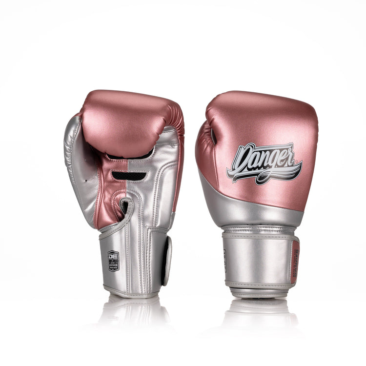 Pink/Silver Danger Equipment Evolution 3.0 Boxing Gloves Back/Front