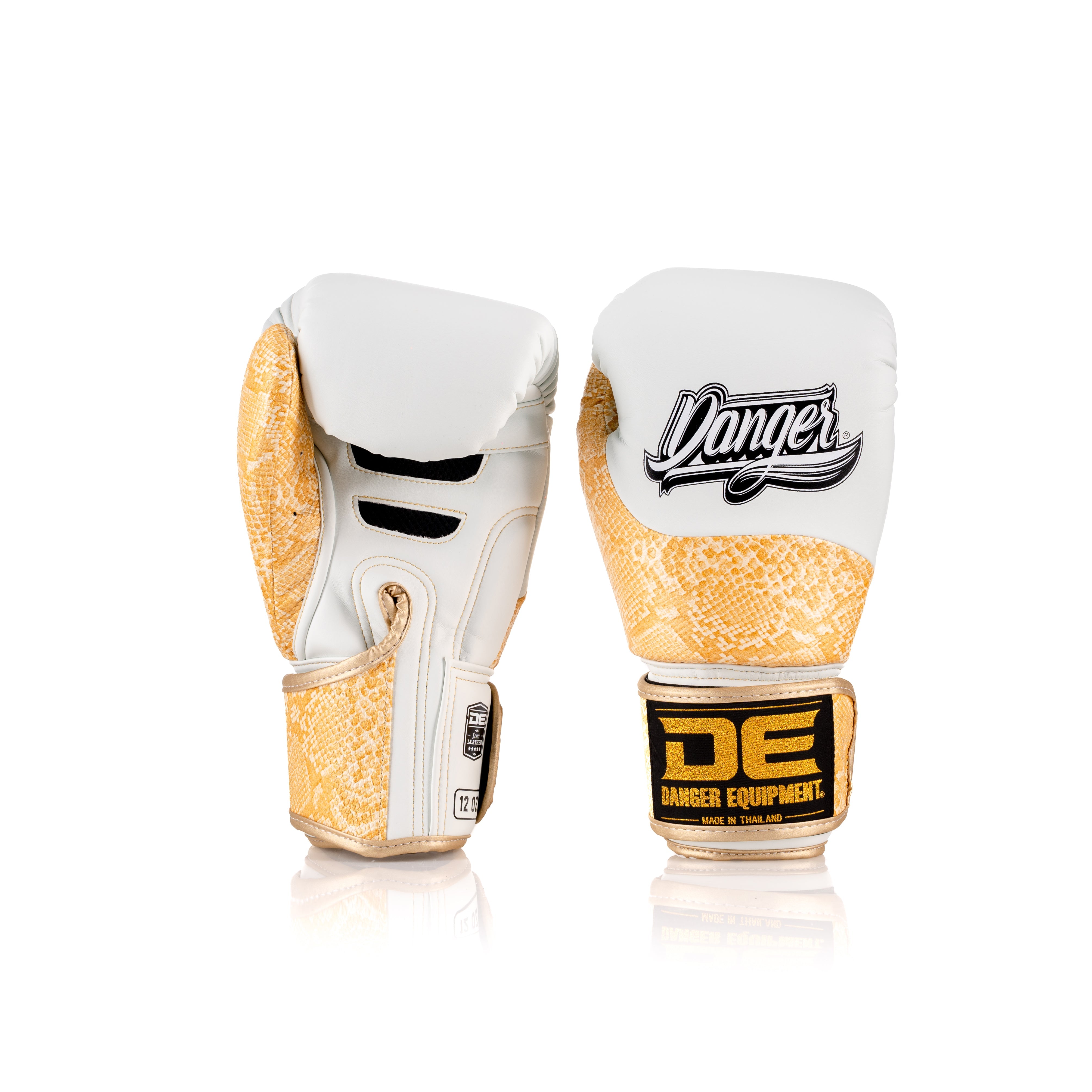 White/Gold Danger Equipment Evolution Deluxe Boxing Gloves Back/Front