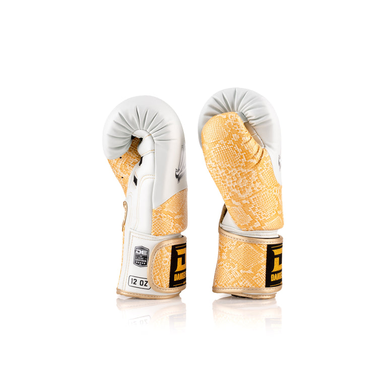 White/Gold Danger Equipment Evolution Deluxe Boxing Gloves Side