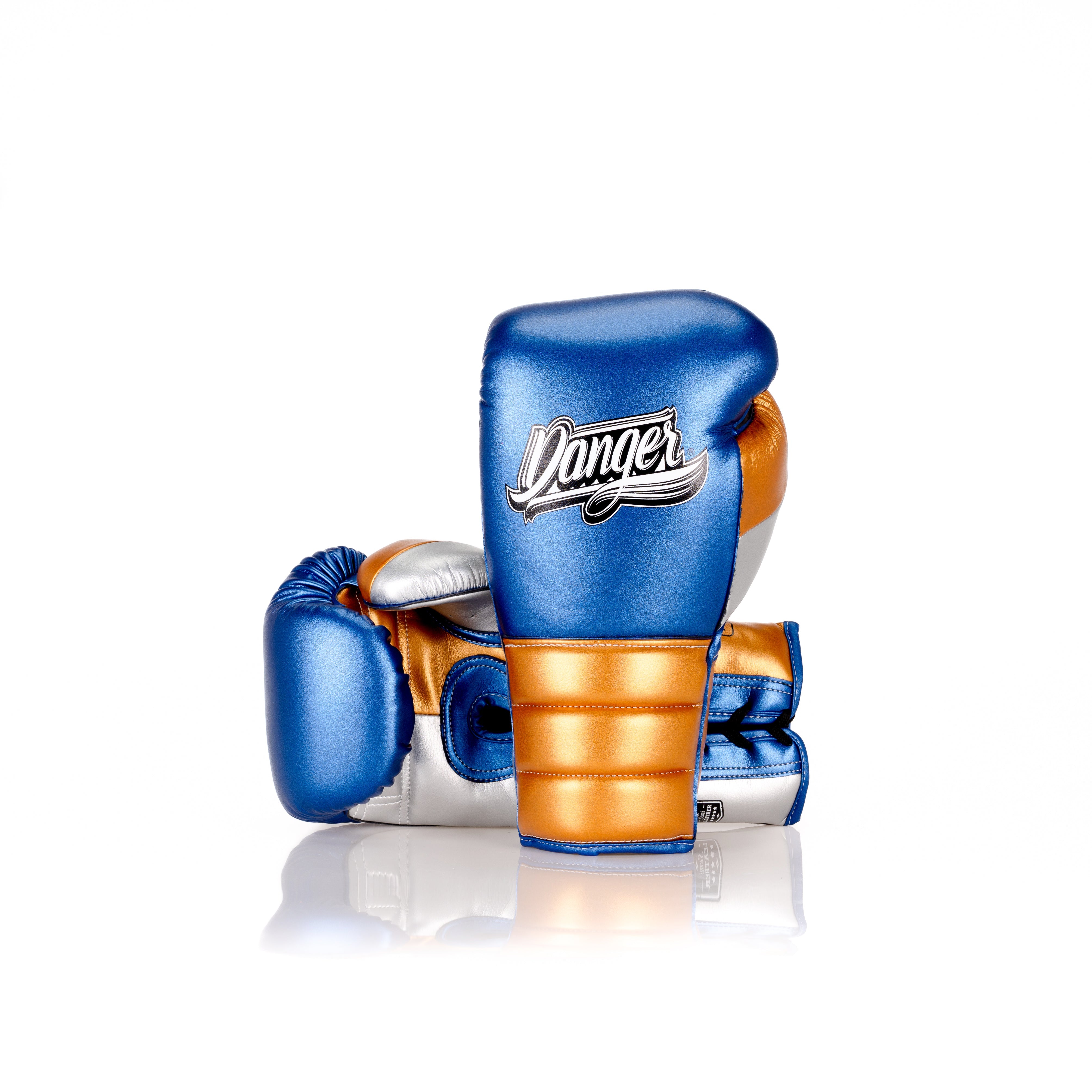 Blue/Gold  Danger Equipment Lace Up Mexican Style  Boxing Gloves Semi-Leather Back/Front