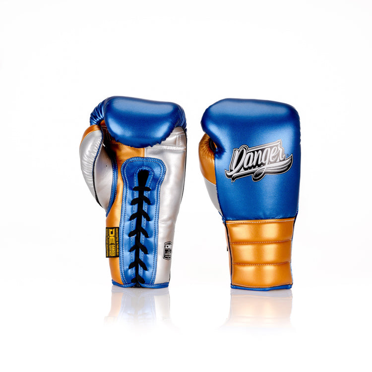 Blue/Gold Danger Equipment Lace Up Mexican Style  Boxing Gloves Semi-Leather Front/Back