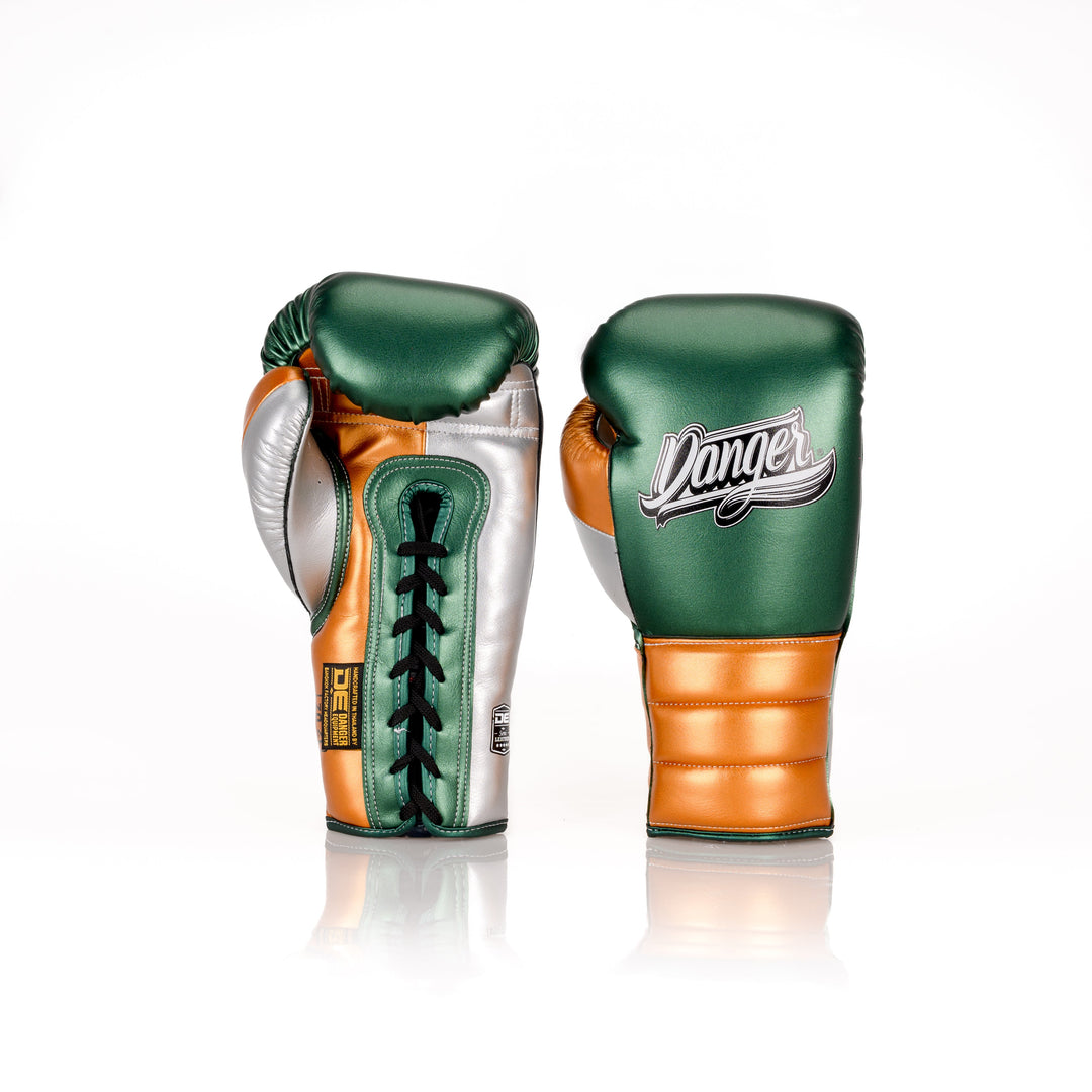 Green/Gold Danger Equipment Lace Up Mexican Style Boxing Gloves  Semi-Leather Back/Front