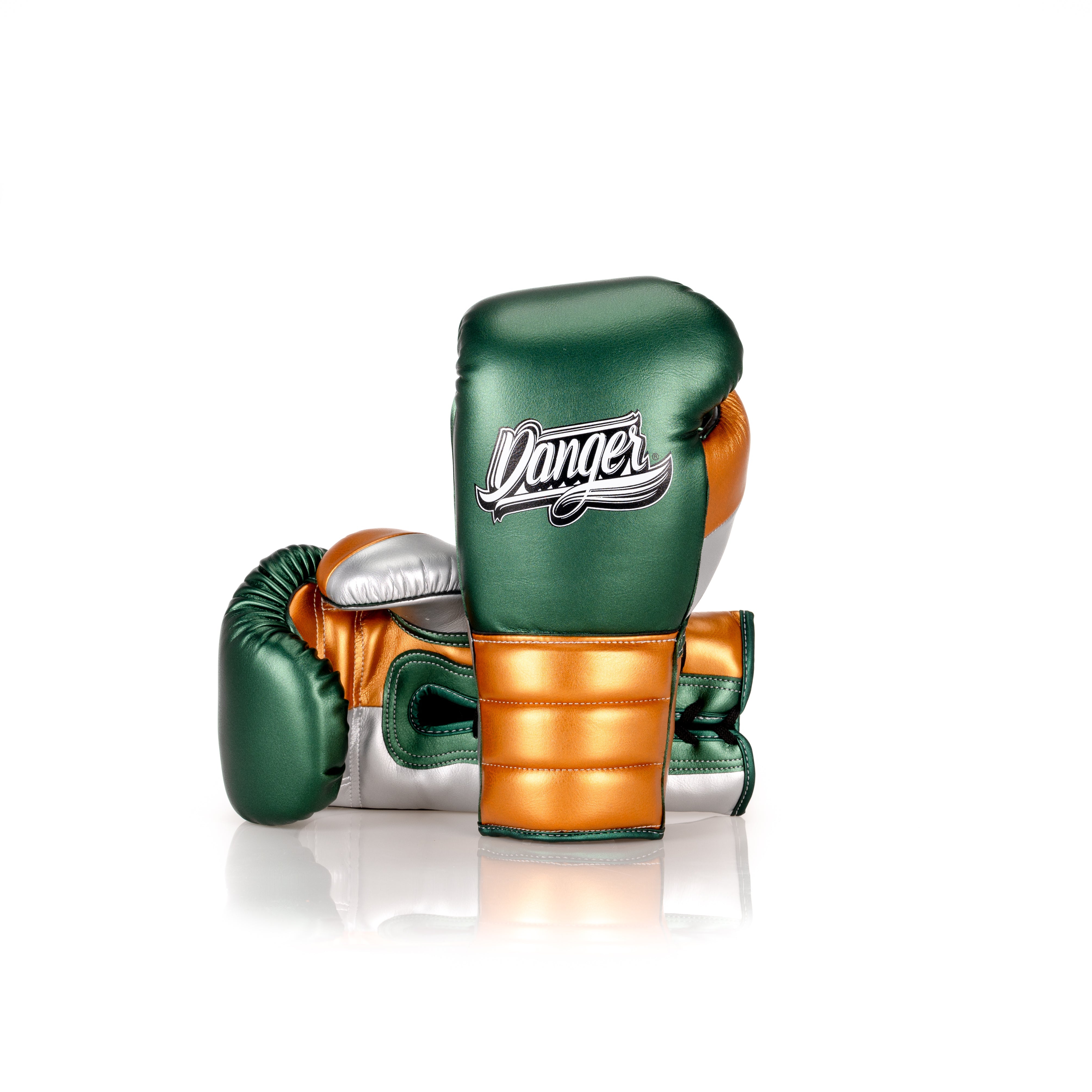 Green/Gold Danger Equipment Lace Up Mexican Style  Boxing Gloves  Semi-Leather Back/Front