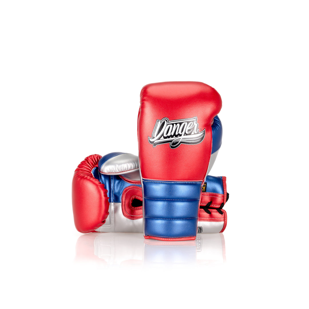 Red/Blue Danger Equipment Lace Up Mexican Style Boxing Gloves  Semi-Leather back/Front