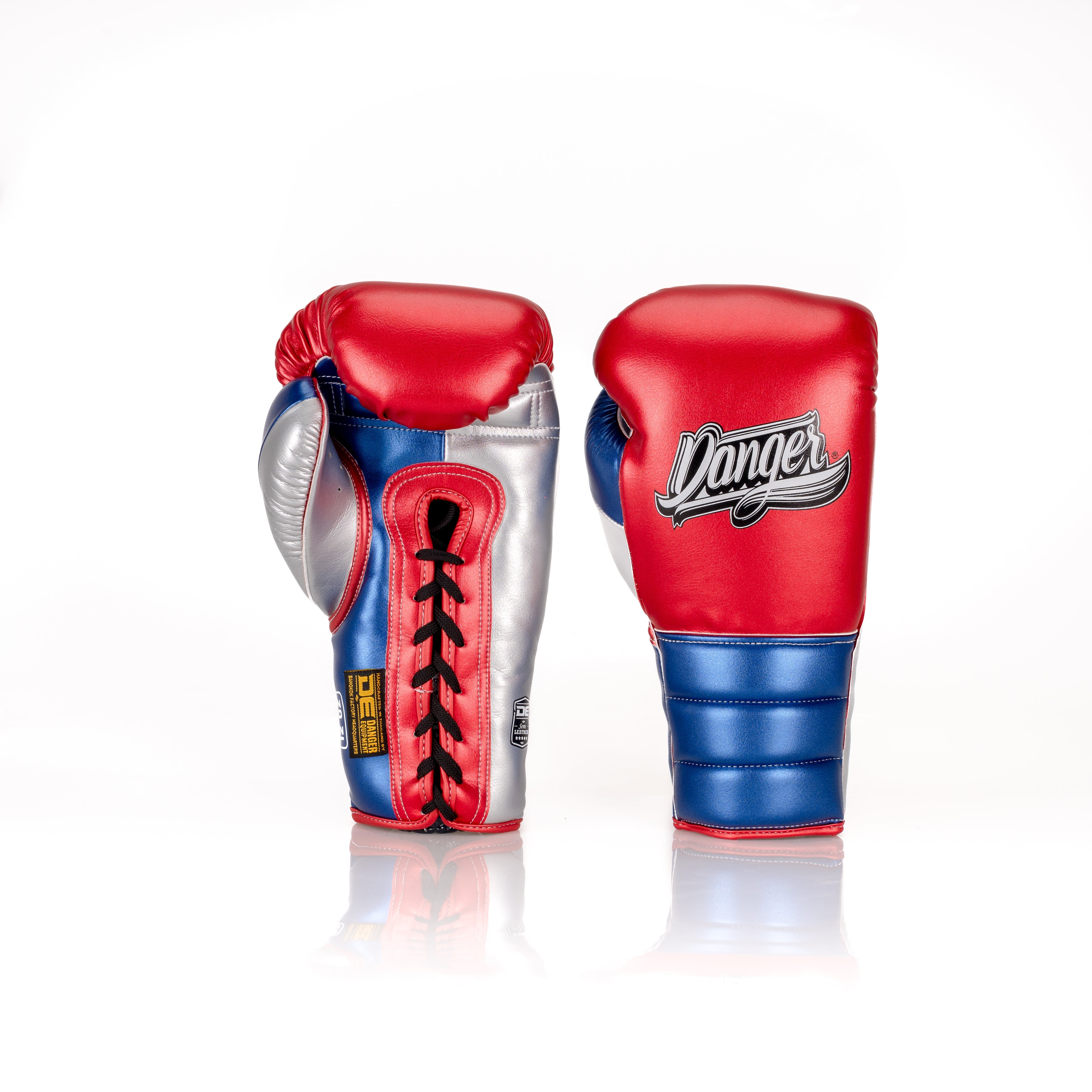 Red/Blue Danger Equipment Lace Up Mexican Style  Boxing Gloves  Semi-Leather Back/Front