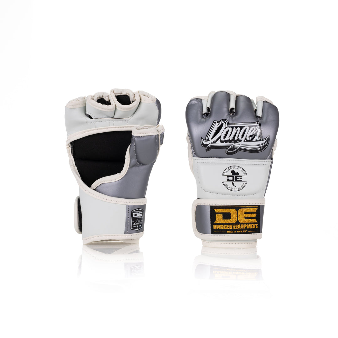 White/Silver  Danger Equipment MMA Competition Gloves  Semi-Leather Back/Front