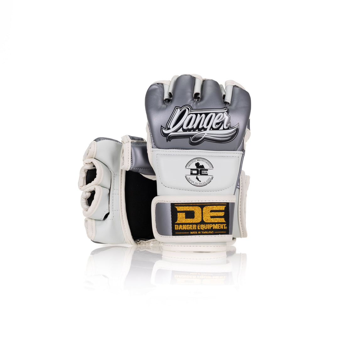 White/Silver Danger Equipment MMA Competition Gloves  Semi-Leather Back/Front