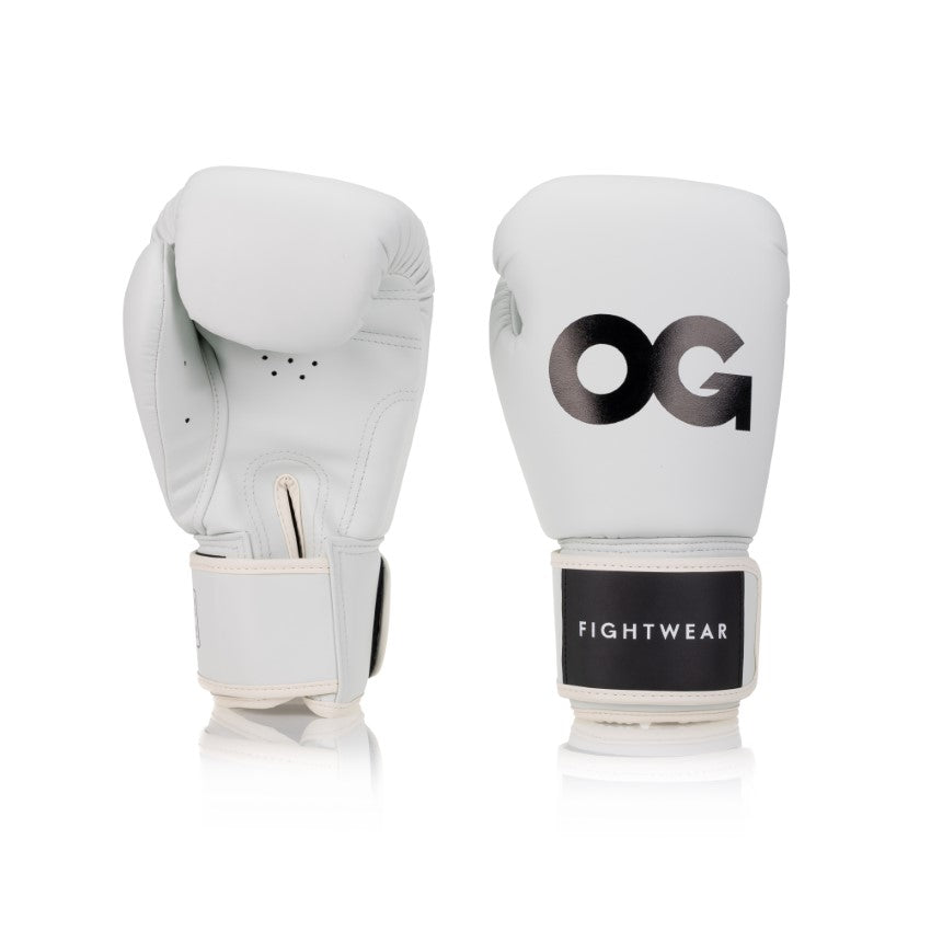 White OG Super Max Boxing Gloves OG Fightwear 8oz Back/Front