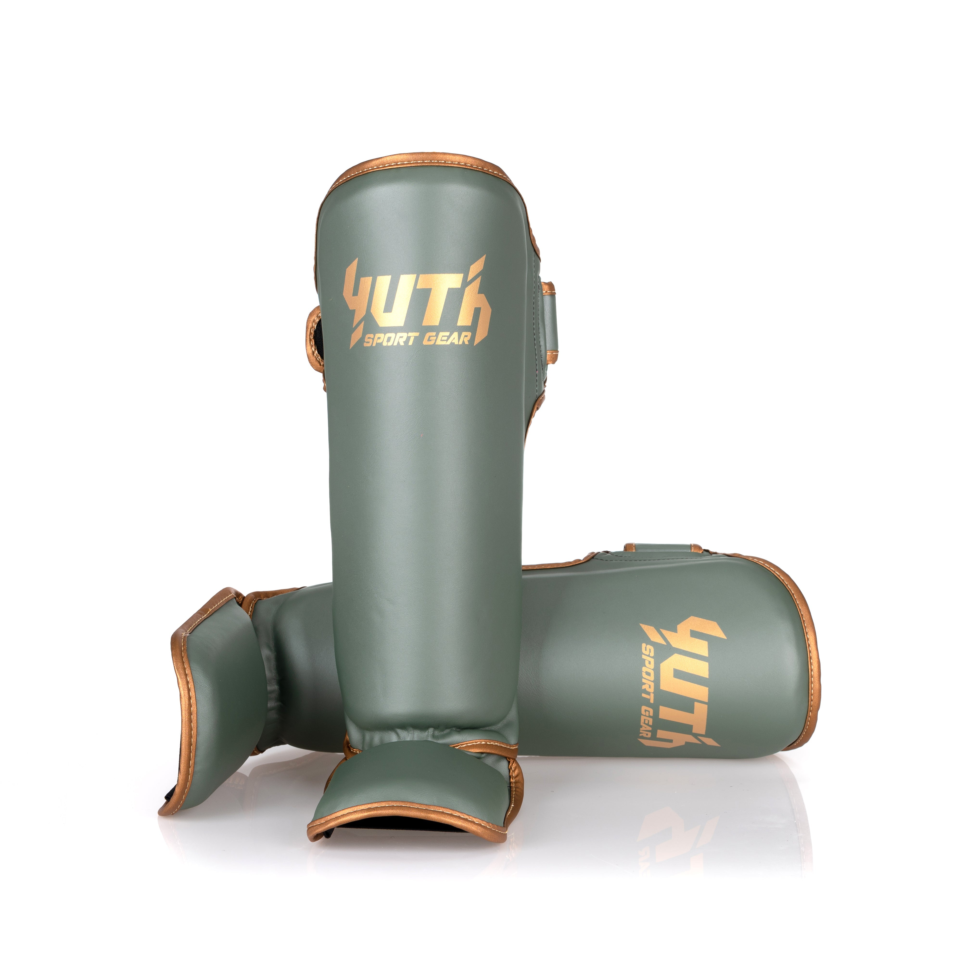 Army Green/Gold Yuth - Gold Line Shin Guard Front