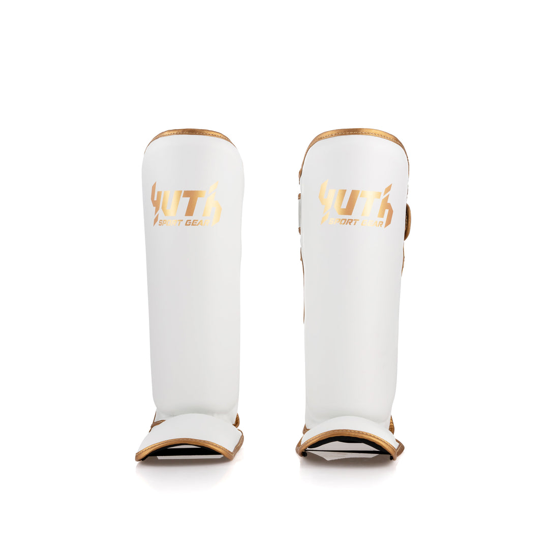 White/Gold Yuth - Gold Line Shin Guard Front