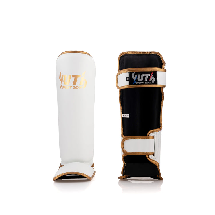 White/Gold Yuth - Gold Line Shin Guard Front/Back