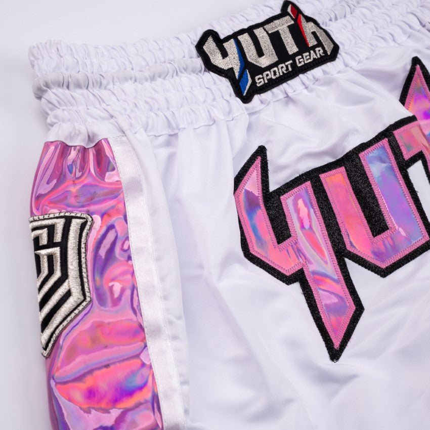 White/Pink Yuth-Hologram Muay Thai Short Logo Pink