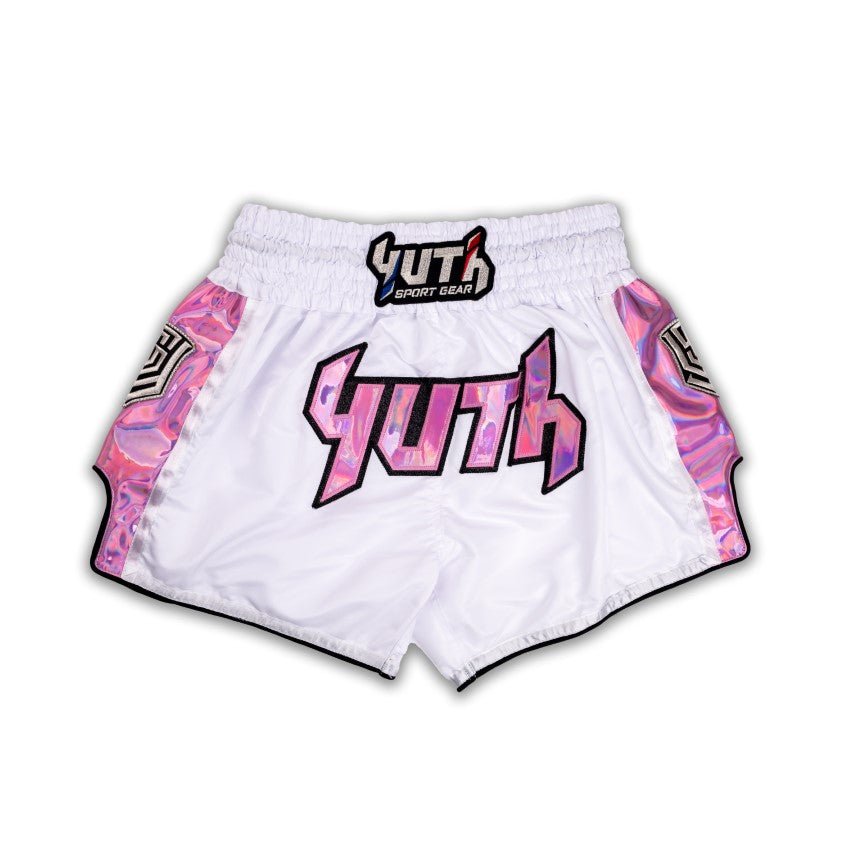 White/Pink Yuth-Hologram Muay Thai Short Front