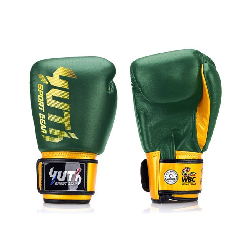 Green/Gold Yuth-X WBC Boxing Gloves Front/Back